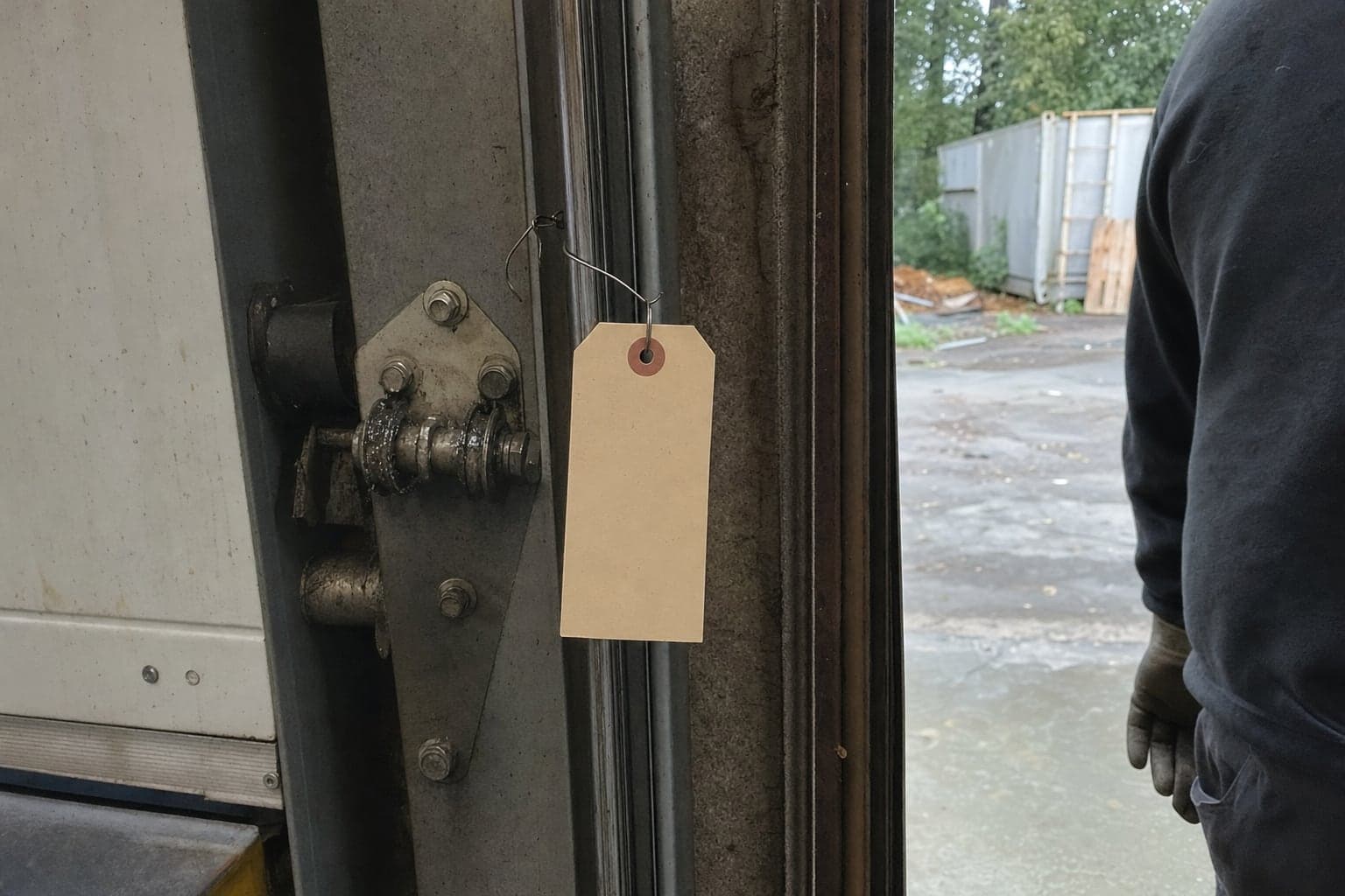 Door service tag clipped to the track of a dock door